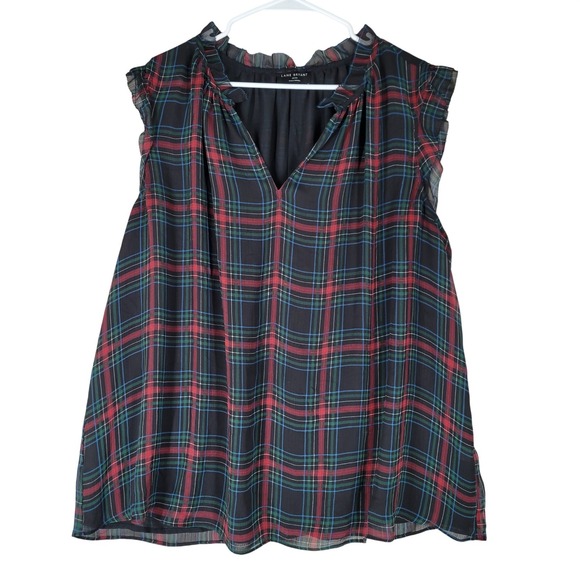 Lane Bryant Tops - Lane Bryant Plaid Top Women 22/24 Black Red Green Ruffle Split Neck Sleeveless